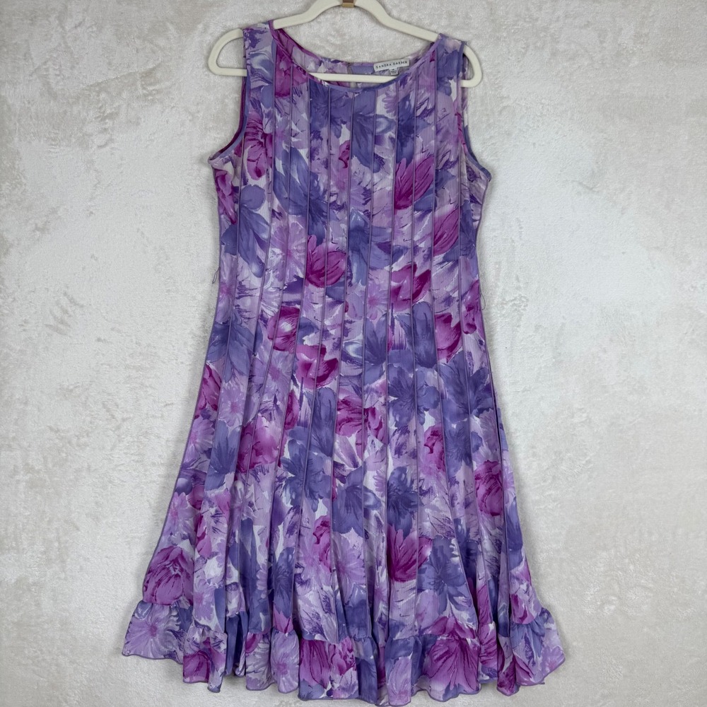 Sandra Darren Purple Floral Midi Dress Fit Flare Garden Party Summer Size 14